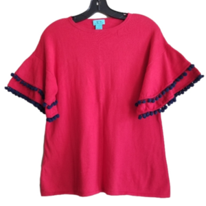 Two Bees Cashmere Cotton Rich Pompom Trim Flare Short Sleeve Red Navy Top Size S